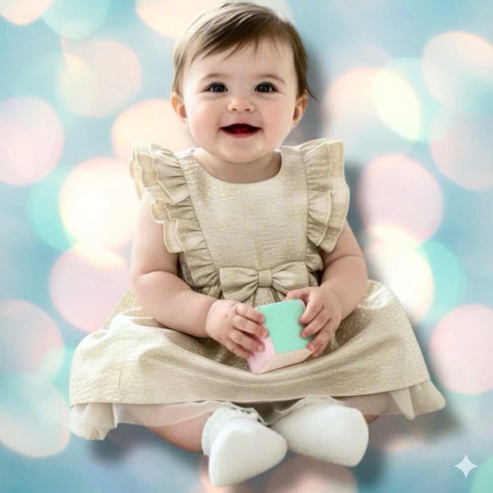 Cat & Jack Baby Girl’s Gold Shimmer Ruffle Formal Dress Size 0-3 Months